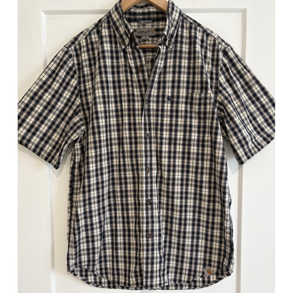 Carhartt Shirt Mens M Essential Plaid Short Sleeve Button Up Navy Khaki 101552